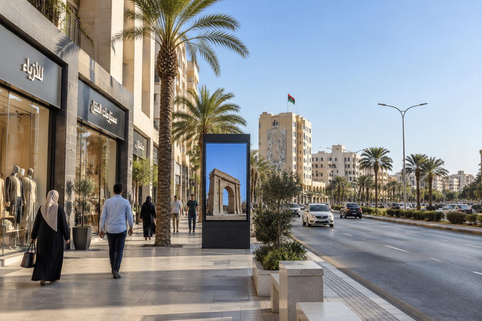 شارع تجاري حديث ولافتات إعلانية في بنغازي